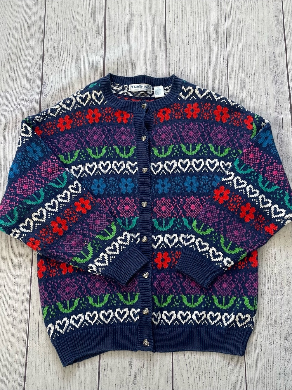 Northern Isles Navy Fair Isle Floral and Heart Vintage Cardigan size XL
